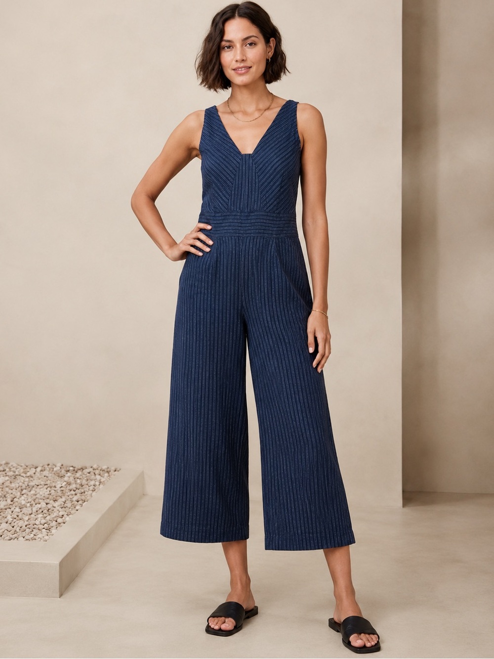 Linen & Cotton Banana Republic Cropped Jumpsuit Wide Leg Navy Blue Gray Stripes